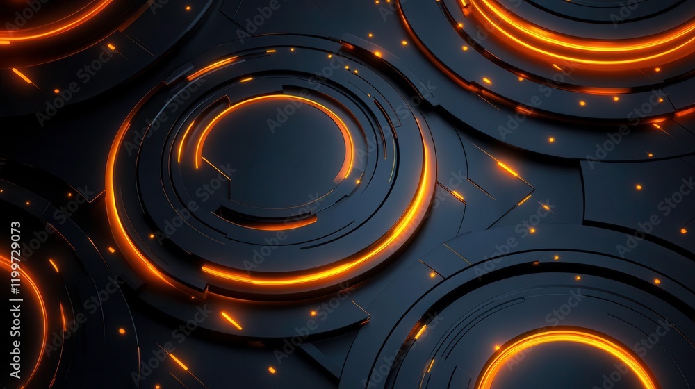 Poster a dark, abstract background featuring concentric circular patterns illuminated by glowing orange lin