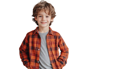 A happy young boy with curly hair wearing an orange checkered shirt, posing with a cheerful smile against a white background.