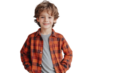 A happy young boy with curly hair wearing an orange checkered shirt, posing with a cheerful smile against a white background.