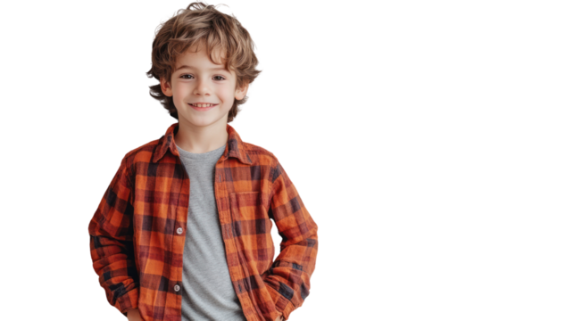 A happy young boy with curly hair wearing an orange checkered shirt, posing with a cheerful smile against a white background.