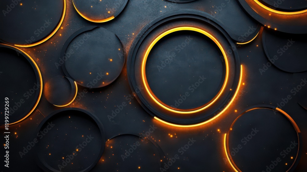 Poster a visually striking abstract background featuring circular shapes with glowing orange highlights on 