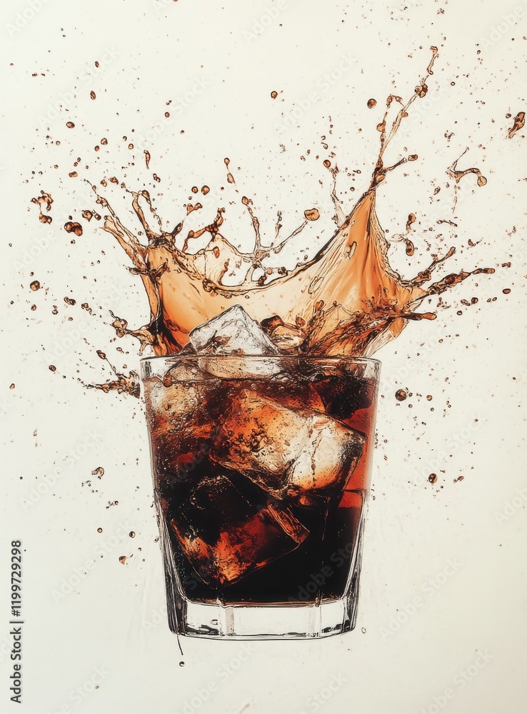 Poster refreshing splash of cola with ice cubes in glass, capturing the dynamic movement of splashes and bu