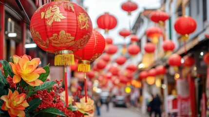 A vibrant street scene with red lanterns and decorations for Chinese New Year