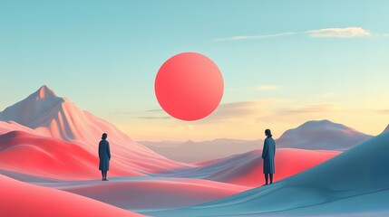 A dreamlike landscape with smooth pink and blue dunes, two figures in long coats standing apart, and a large floating red sphere in the sky. The scene is surreal, minimalist, and futuristic, evoking 
