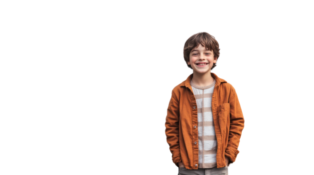 Cheerful boy smiling in casual orange jacket with striped shirt, standing confidently. Isolated on white background.