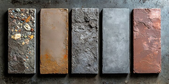 Variety of textured building materials displayed on a dark surface showcasing different finishes and colors