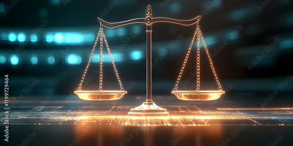 Poster a digital representation of a balanced scale symbolizing justice and fairness, illuminated with a fu