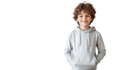 Smiling young boy wearing a gray hoodie, standing confidently with hands in pockets, casual and cheerful expression on a white isolate background.