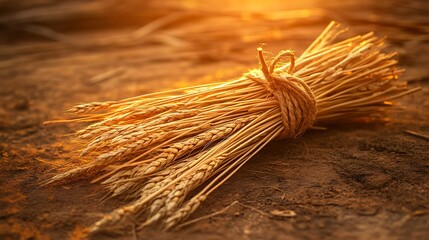 Golden Wheat Stalks Bound Together in a Rustic Setting