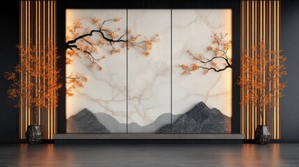 Serene minimalist interior design featuring a marble wall art with a landscape and blooming branches, complemented by decorative plants.