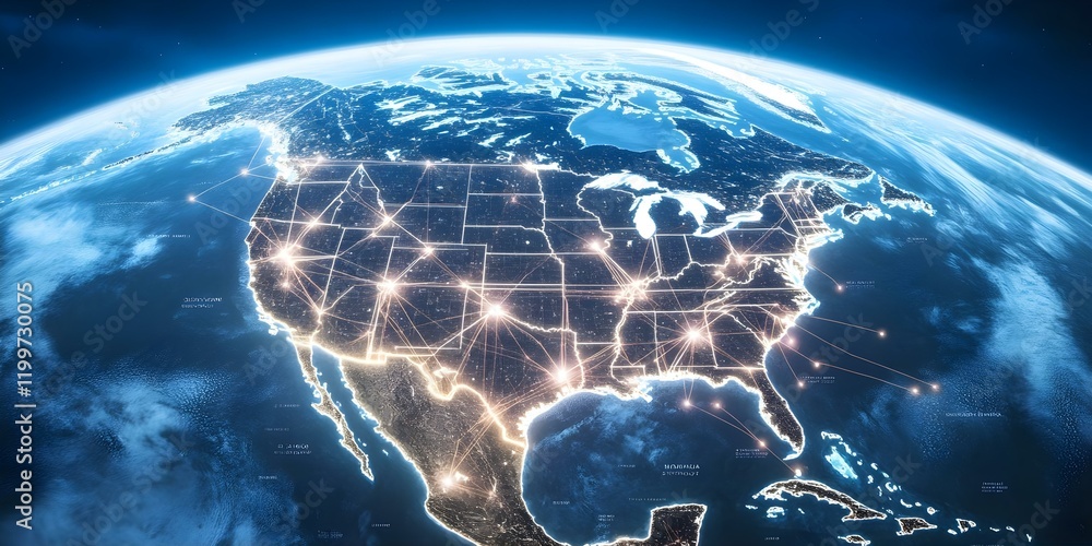 Aufkleber a digital map of north america highlighting interconnected networks and infrastructure with glowing 