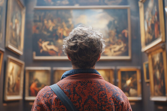 Back view of young adult person looking at renaissance style paintings in an old museum art gallery, respecting classic artwork