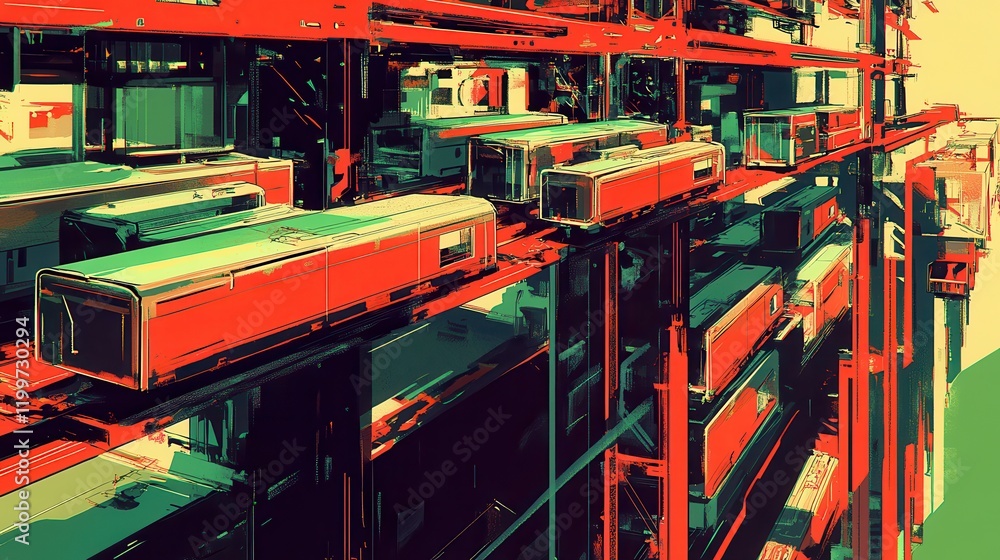 Poster abstract representation of a futuristic urban landscape with vibrant colors and structures