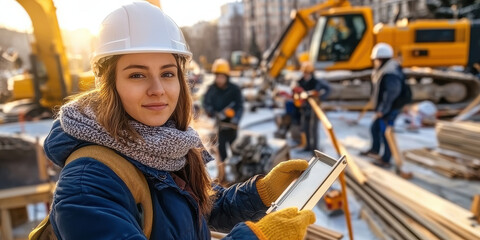Female construction worker using tablet on busy site, smiling confidently. sun sets behind machinery and workers