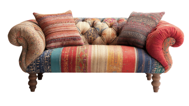 A beautifully upholstered vintage sofa adorned with colorful patterns and plush pillows, perfect for enhancing any living space or cozy nook.