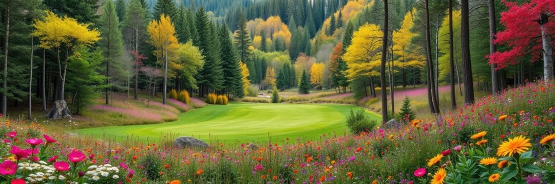 A picturesque forested valley is dotted with vibrant wildflowers and a rolling lawn amidst the trees, creating a stunning contrast between nature's colors, flora, grassland, botanicals