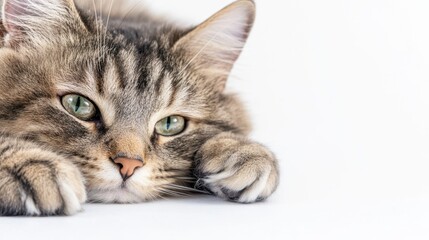 Cat Portrait: A captivating close-up of a longhaired cat with piercing green eyes, resting its head on paws with an air of quiet contemplation.