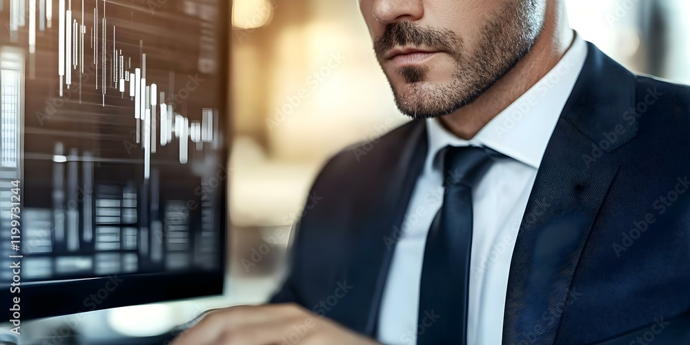 Aufkleber a well-dressed man is focused on a computer screen displaying financial charts and data, indicating 