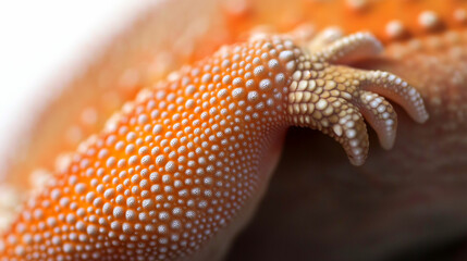 Exploring the intricate texture of a vibrant orange sea star's arm in a close-up underwater view at dawn