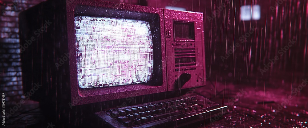 Aufkleber retro computer in rain; glitching screen.