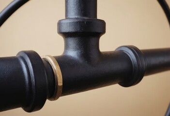 This is a detailed closeup image of a black pipe featuring a brass valve