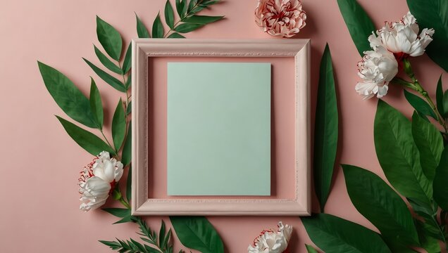 Paper card mockup with frame made of green leaves, cotton, flowers on a pink pastel background