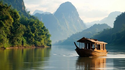 Fototapeta premium Wooden Boat Navigating Calm Waters Between Lush Mountains