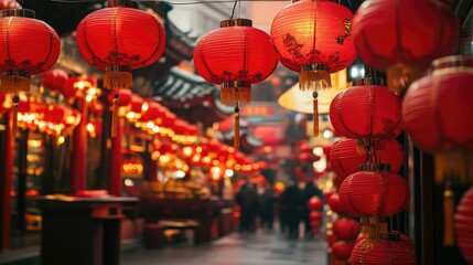 A vibrant street scene with red lanterns and decorations for Chinese New Year