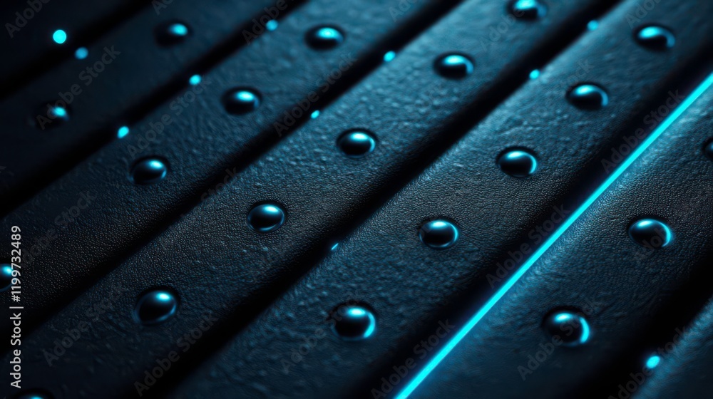 Poster a close-up view of textured metal strips featuring raised dots and illuminated edges, creating an in
