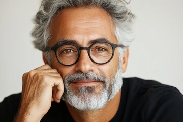 Obraz premium Mature man with glasses smiles warmly, showcasing grey hair and beard in a light-colored setting