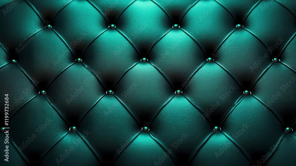 Poster a close-up view of a tufted teal fabric, showcasing a textured pattern with buttons, creating a luxu