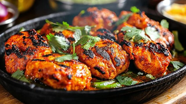 Sizzling Tandoori Chicken: A mouthwatering platter of succulent tandoori chicken, glistening with a vibrant red marinade and smoky char marks, garnished with fresh cilantro.