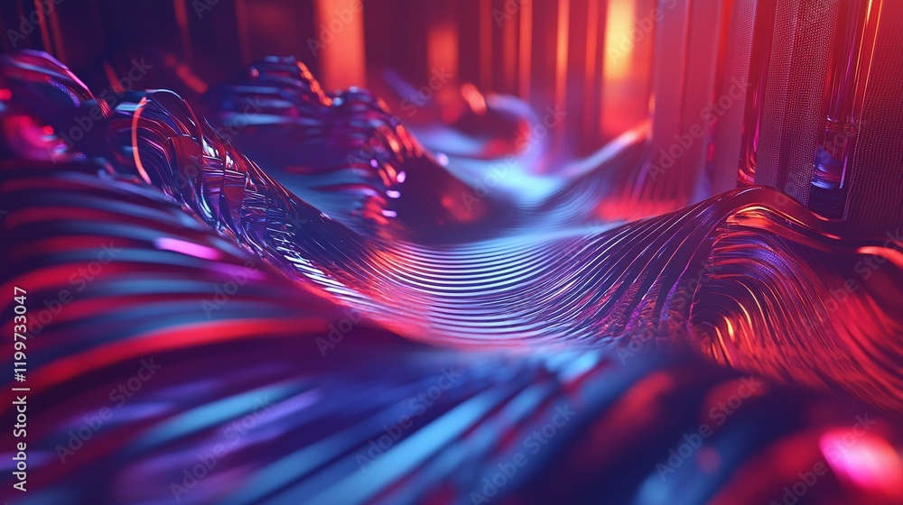 Poster futuristic representation of sound waves in 3d with layered transparent effects.