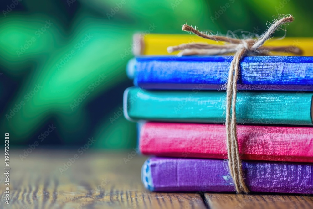 Poster close-up of stack of colorful textbooks tied together with piece of twine on wooden table