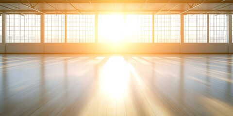 A bright, sunlit spacious room with large windows and polished wooden floors casting long shadows. Concept Natural Light, Open Space, Wooden Flooring, Shadow Play, Bright Atmosphere