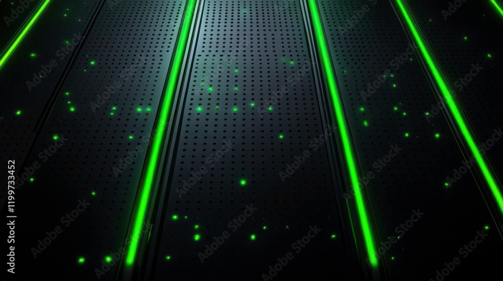 Poster a dark surface with glowing green lines and scattered light dots, creating a futuristic, tech-inspir