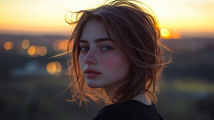 Fototapeta premium close-up of young woman with windblown hair standing on hilltop with glowing horizon
