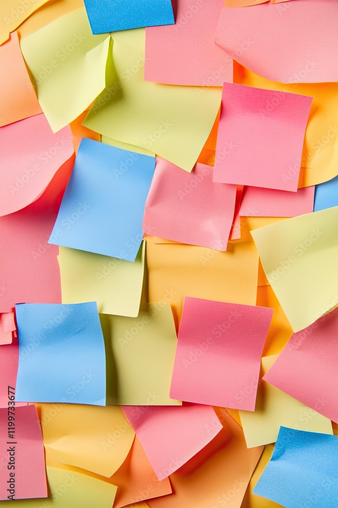 Poster close-up of colorful sticky notes arranged in chaotic yet creative pattern symbolizing brainstorming