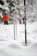 close-up of ski poles planted in fresh snow with softly blurred skiers in distance
