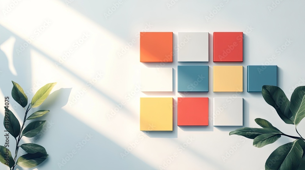 Poster conceptual ui design with modular tiles and soft drop shadows presented on clean white backdrop with
