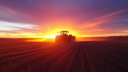 Fototapeta premium Silhouette of a tractor working in a field at sunset. Vibrant orange and purple hues paint the sky.