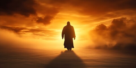 Fototapeta premium A silhouetted figure walks toward a vibrant sunset, surrounded by clouds and an expansive landscape. Concept Silhouette Against Sunset, Vibrant Cloudscape, Expansive Landscape, Nature's Beauty