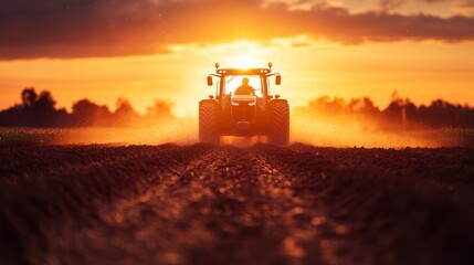 Fototapeta premium Silhouette of a farmer driving a tractor across a field at sunset. Warm, golden light bathes the scene.