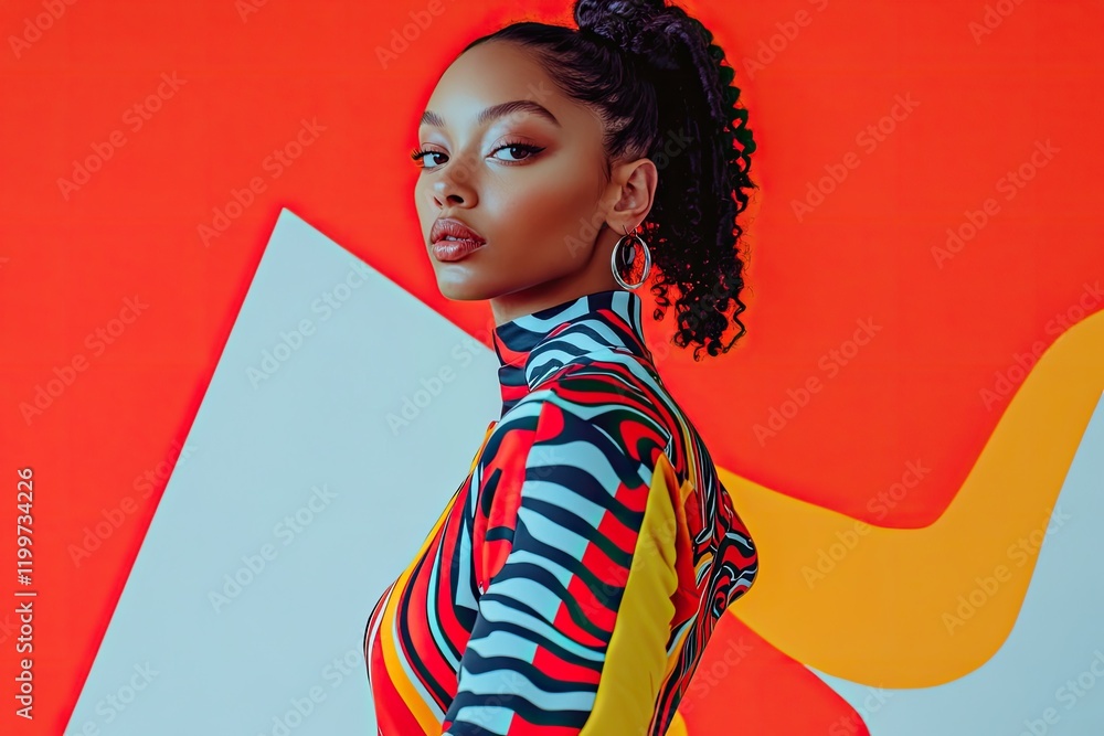 Aufkleber confident model in bold-patterned activewear standing against clean studio backdrop with ample copy 