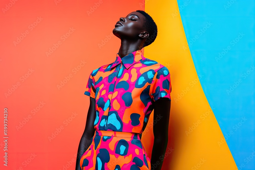 Poster confident model in bold-patterned activewear standing against clean studio backdrop with ample copy 
