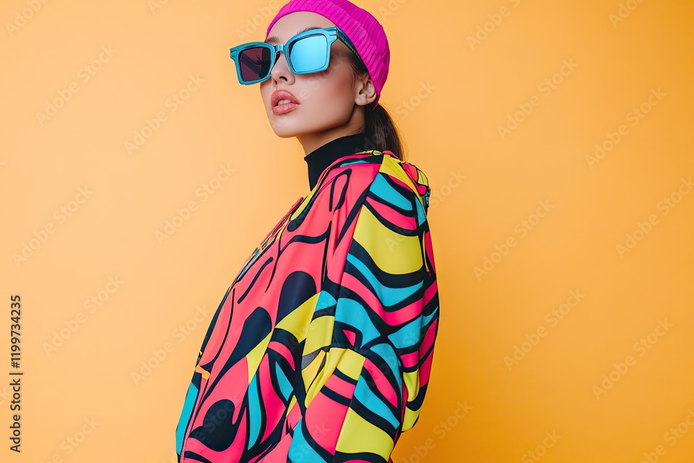 Poster confident model in bold-patterned activewear standing against clean studio backdrop with ample copy 