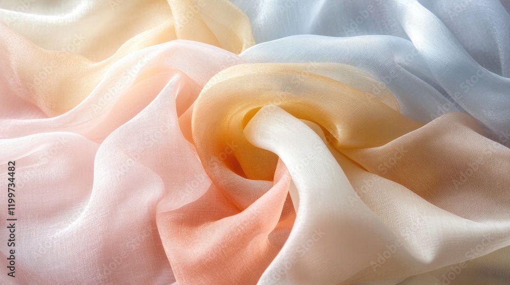 Poster creative composition of layered organza fabric in pastel hues arranged to create dynamic and soft vi