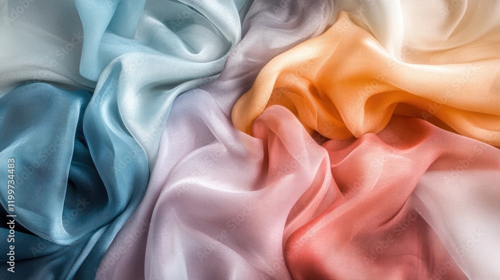 Poster creative composition of layered organza fabric in pastel hues arranged to create dynamic and soft vi