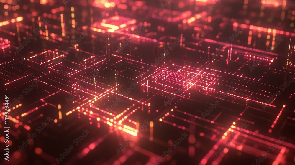 Poster high-tech concept of data transfer with glowing wires interwoven in a digital grid.