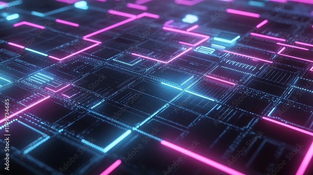 Aufkleber high-tech concept of data transfer with glowing wires interwoven in a digital grid.